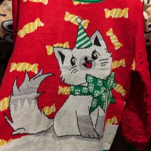 Amazon Kids Red Sweater with Festive Cat Design